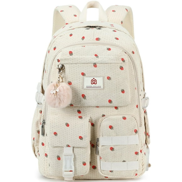 Sac à Dos pour Ordinateur Portable pour Adolescents Filles Femmes Sacs à Dos Universitaires Sac en Velours Côtelé Sac à Livres Étudiants Sac de Voyage Anti-Vol (Beige Fraise)