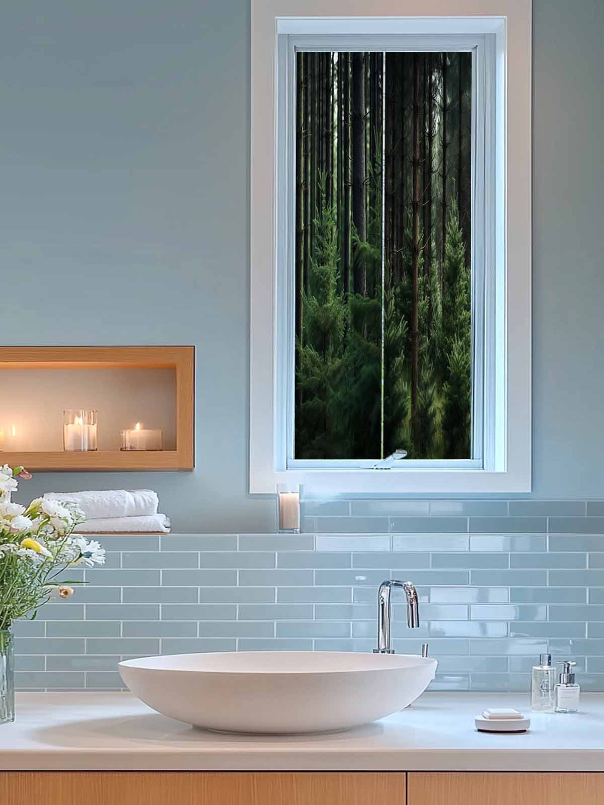 Green Forest Privacy Window Film, Decorative Frosted Glass Window Film, Mysterious Primitive Forest Pine Tree Reusable Peel and Stick Static Cling for Home Bathroom Office Glass Door 23.6"x59"
