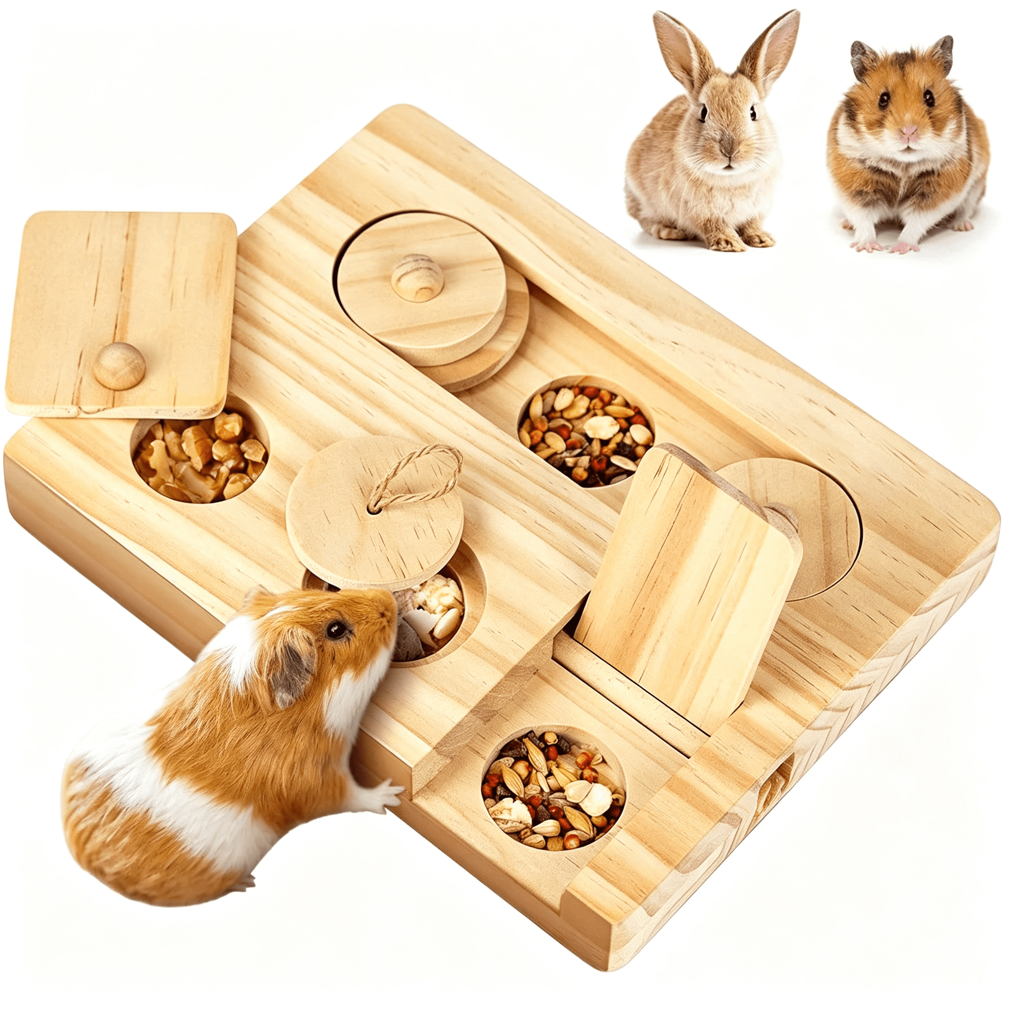 BPPEG Guinea Pig Foraging Toys,6In 1 Hamsters Wooden Interactive Enrichment Toys,Treat Dispenser for Small Animal,For Rabbits,Bunny,Chinchillas,Rats and Gerbils