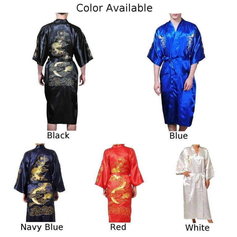 Men Satin Chinese Dragon Kimono Silk Bathrobe Pajamas Sleepwear Gown Bath Robe Walmart