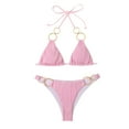 thumbnail image 4 of UTSJKR Women's String Bikini Sets Two Piece Halter Ring Triangle Swimsuit Cheeky Thong Bathing Suit Pleated Design with Gold Ring Details Pink L, 4 of 4