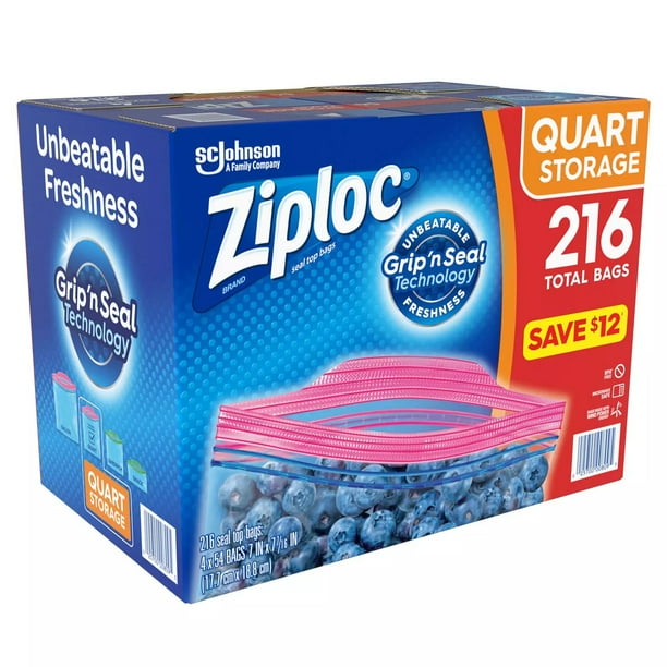 Ziploc Storage Quart Bags with Grip 'n Seal Technology, 216 Count