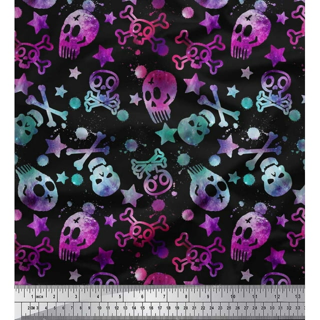 Soimoi Modal Satin Fabric Star,Crossbones & Skull Halloween Print Fabric by Yard 42 Inch Wide