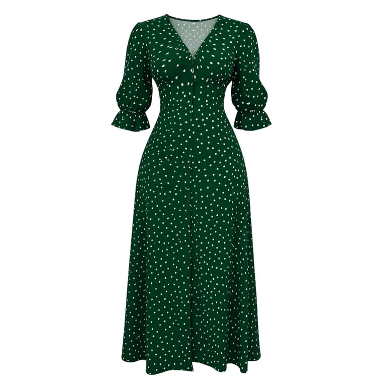 Women's V Neck Polka Dot Wrap Maxi Dress, Puff Short Sleeve Single Breasted High Slit Flowy Beach Vacation Long Dress Green L(L)