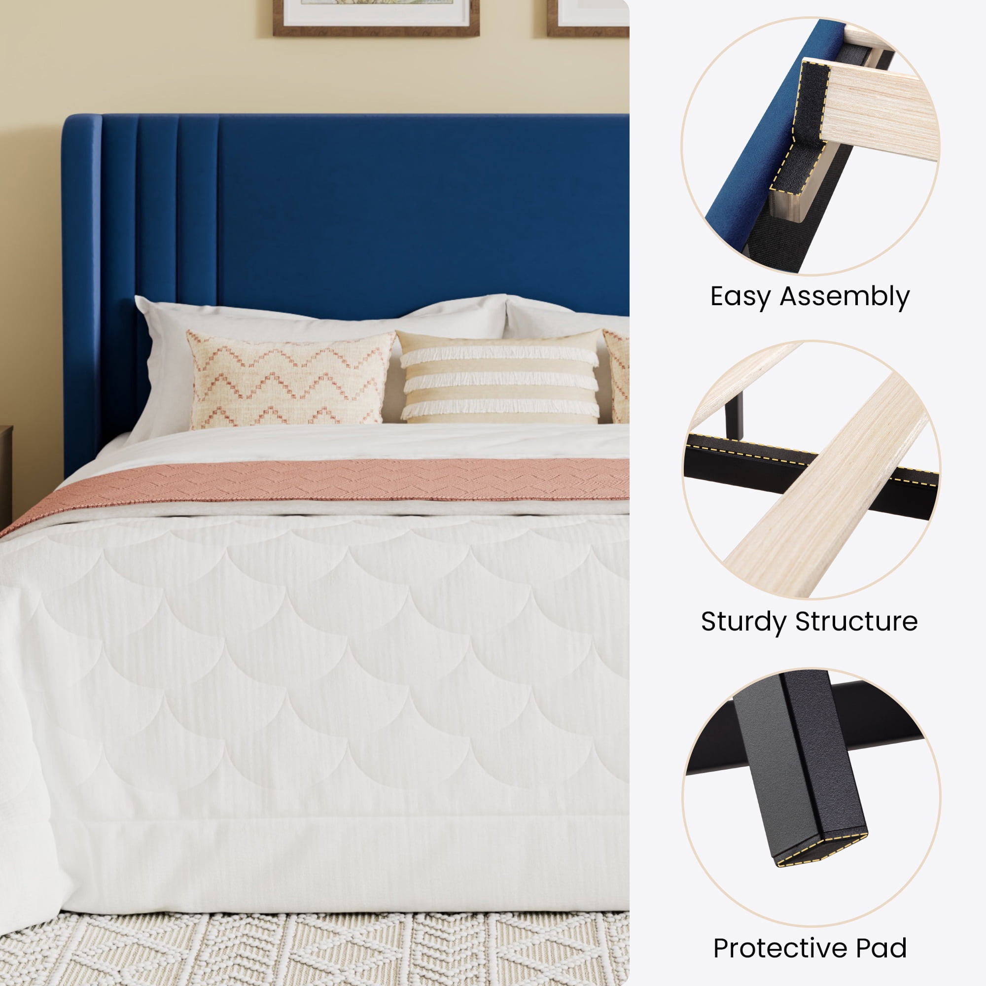 SHA CERLIN Full Size Velvet Upholstered Platform Bed Frame with Vertical Channel Tufted Wingback Headboard, Wooden Slats Support, Easy Assembly, Under Bed Storage, No Box Spring Required, Blue
