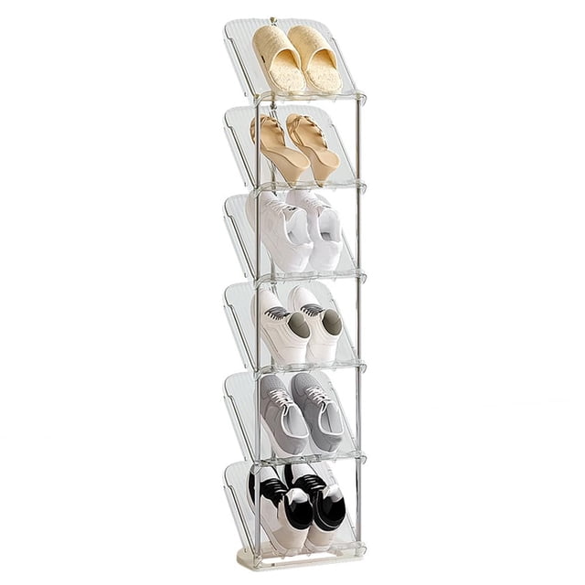 6 Tier Tall Slim Transparent Shoe Rack with 45 Degree Sloped Design, Space Saving Vertical Organizer for Entryway Hallway Corner, Large, Clear PET Plastic