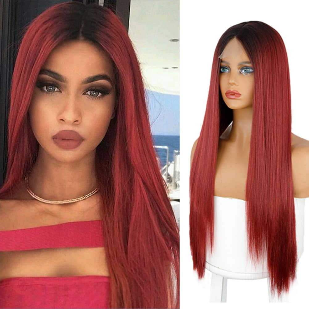 30 inch Front Lace Long Straight Black Wigs for Women All in Dark Brown  Natural Hair Wig Middle Part Synthetic Hair Wig Heat Resistant Full Wig for  Daily Use Dark Root |