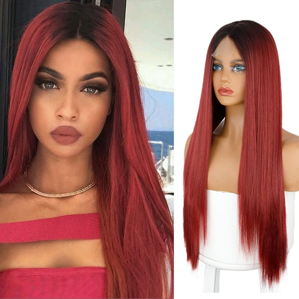 30 inch Front Lace Long Straight Black Wigs for Women All in Dark Brown Natural Hair Wig Middle Part Synthetic Hair Wig Heat Resistant Full Wig for Daily Use Dark Root | 30 inch Front Lace Long Straight Black Wigs for Women All in Dark Brown Natural Hair Wig Middle Part Synthetic Hair Wig Heat Resistant Full Wig for Daily Use Dark Root |