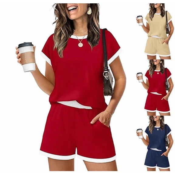 Women Shorts Sets 2-Piece Outfits Summer Casual Short Sleeve Beach Cruise Wear Lightweight Loungewear Red XL