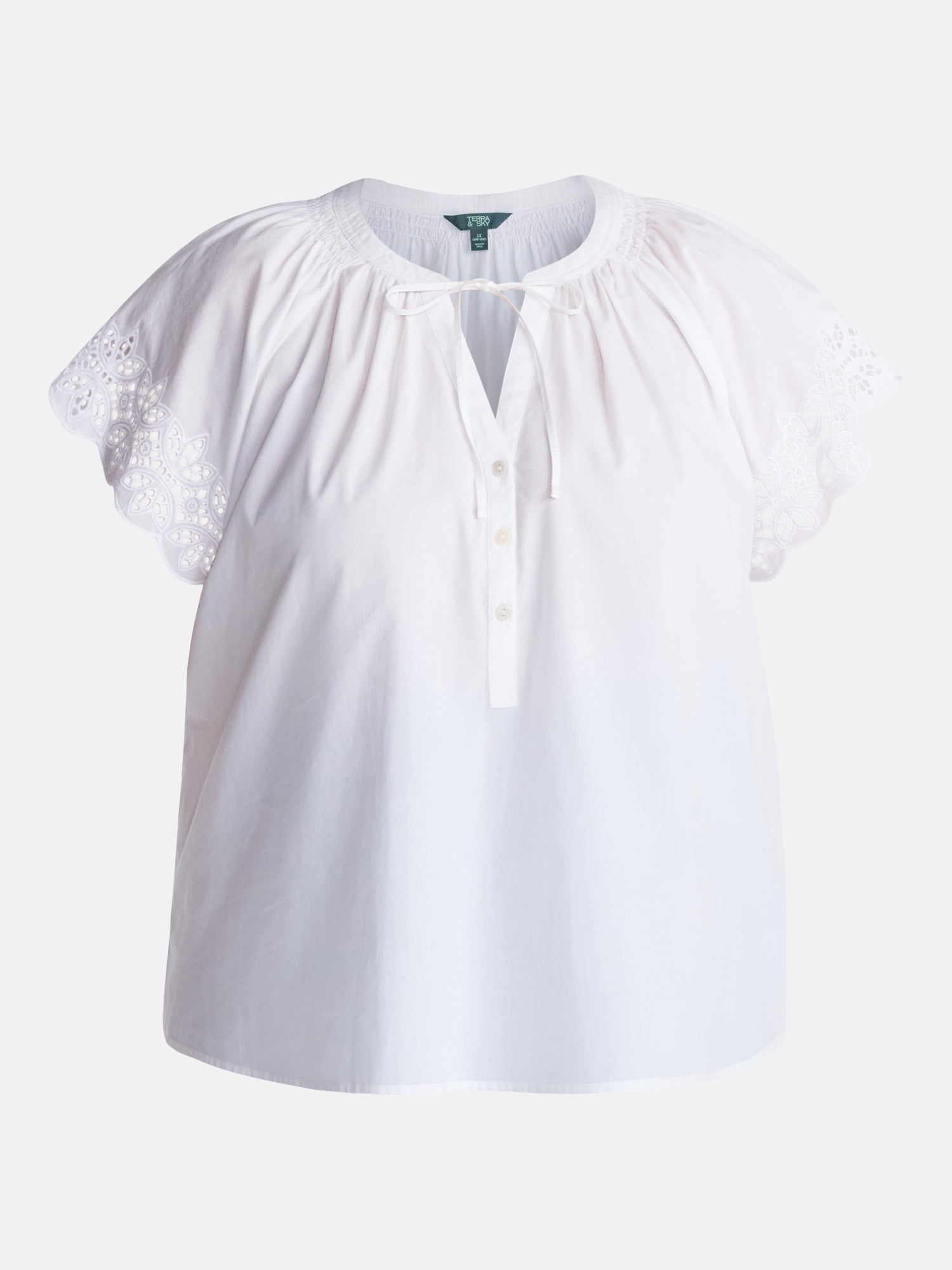 Terra & Sky Women’s Plus Cotton Eyelet Top with Short Sleeves, Sizes 0X-5X