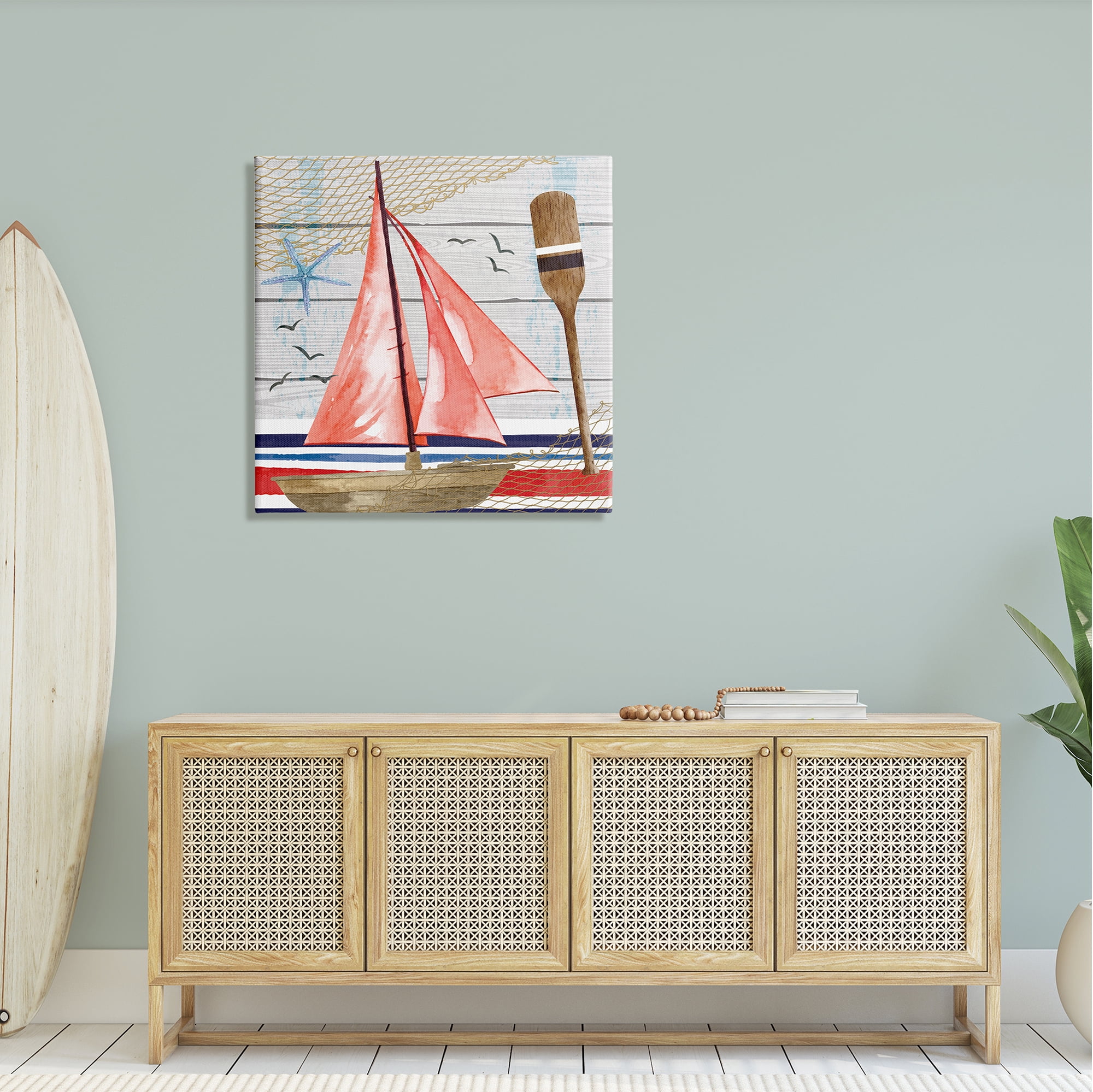 Stupell Coastal Plank Pattern Sailboat Landscape Painting Gallery Wrapped Canvas Print Wall Art