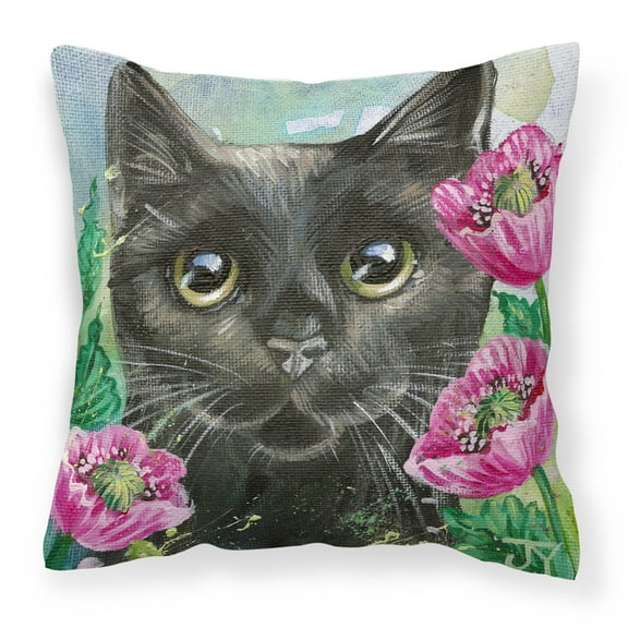 Black Cat in Flowers Fabric Decorative Pillow