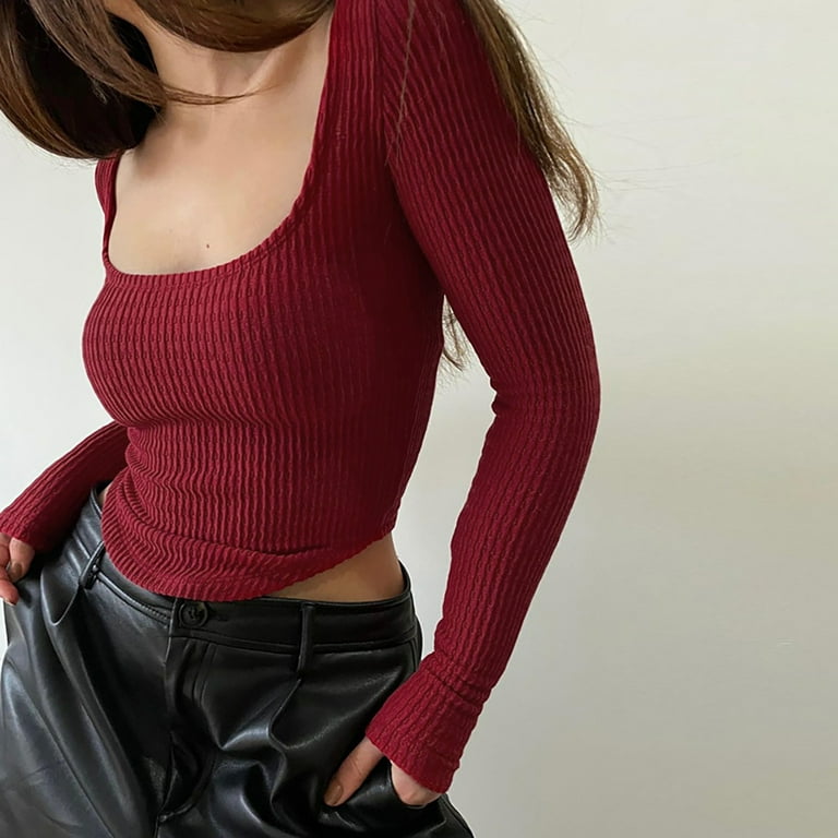 XFLWAM Womens Sexy Crew Neck Cropped Sweaters Ribbed Knit Long