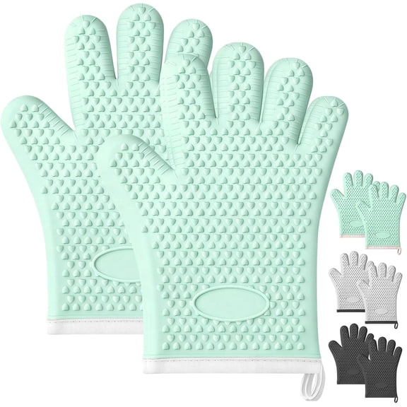 2-Pack Silicone Oven Mitts with Fingers, Heat Resistant, Non-Slip, Green