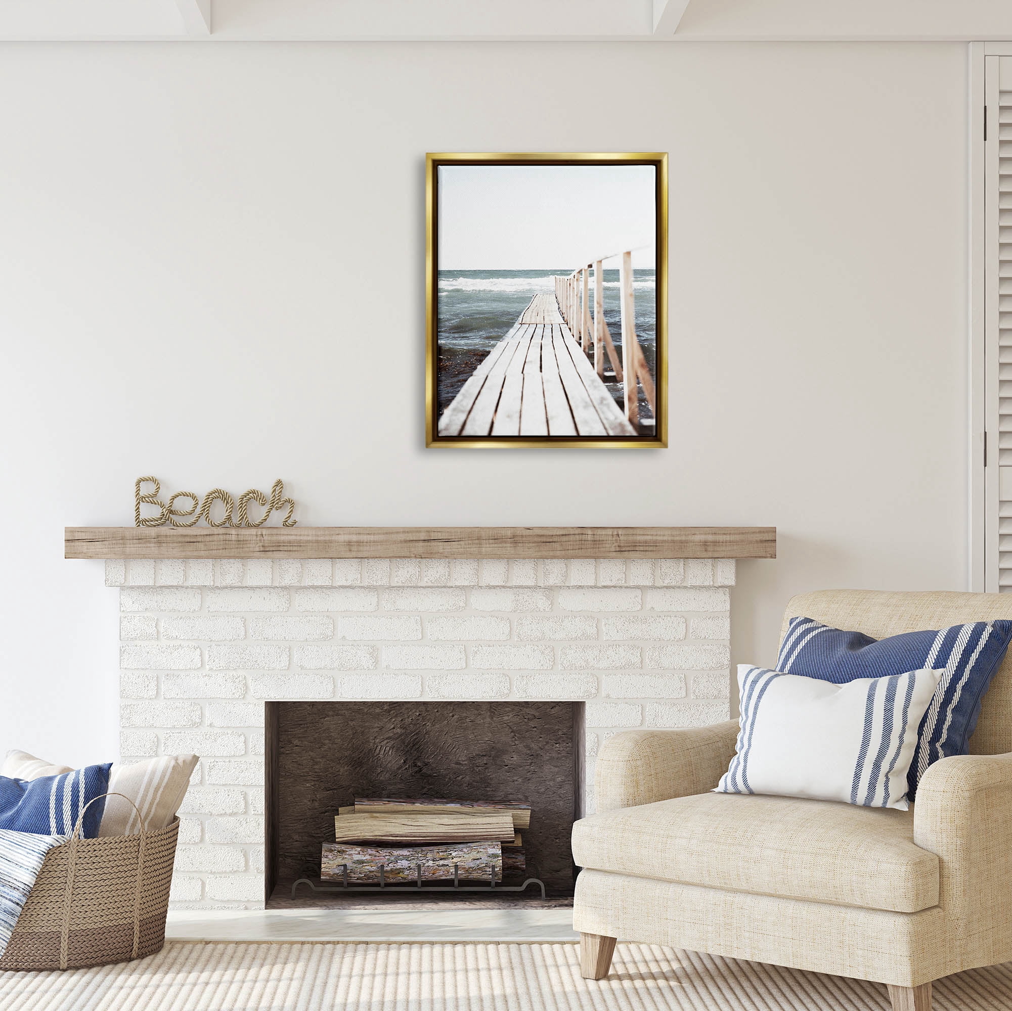 Stupell Industries Ocean Bay Dock Boardwalk Horizon Coastal Photography Gold Floater Framed Art Print Wall Art