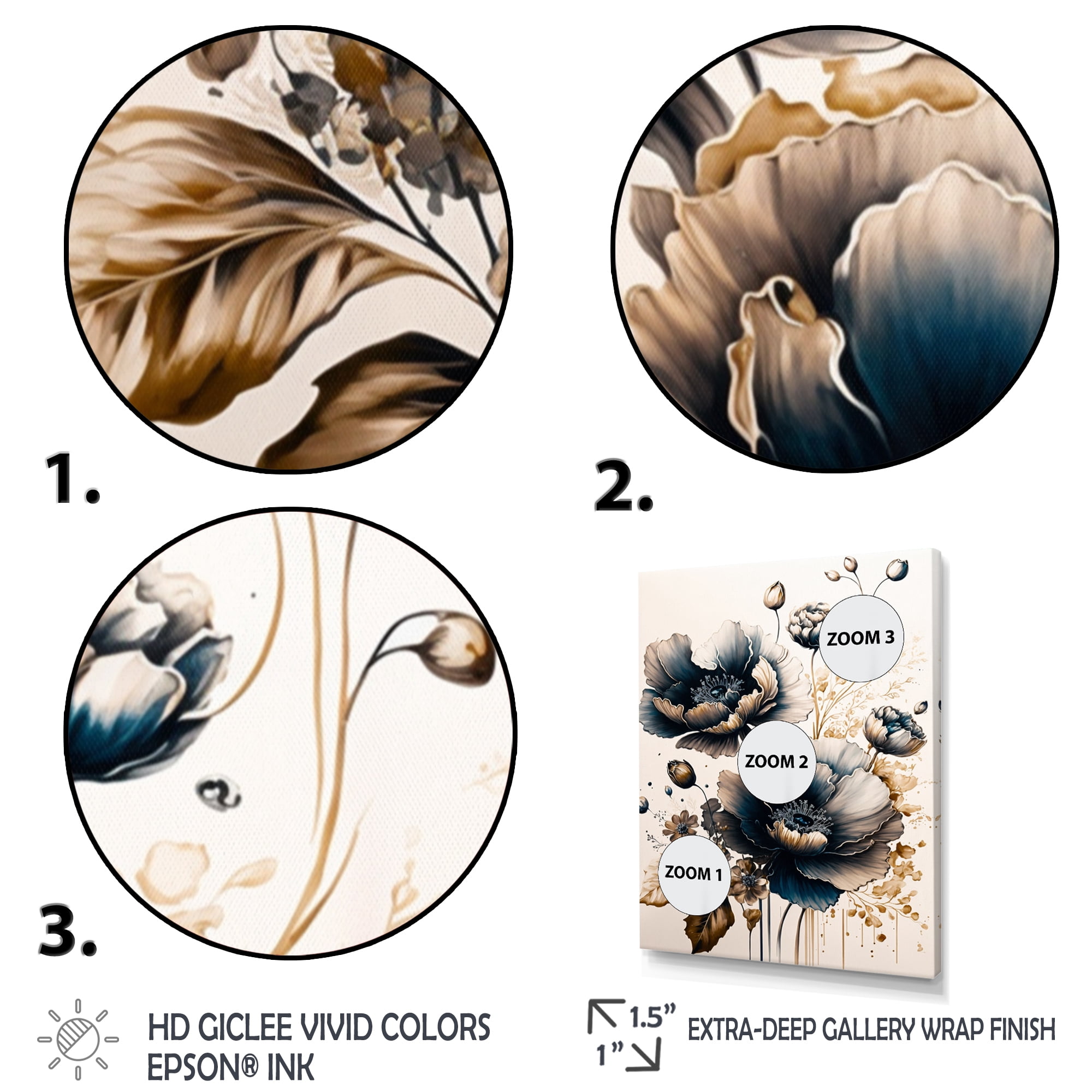 Designart Navy Blue And Gold Poppy Flowers I Canvas Wall Art