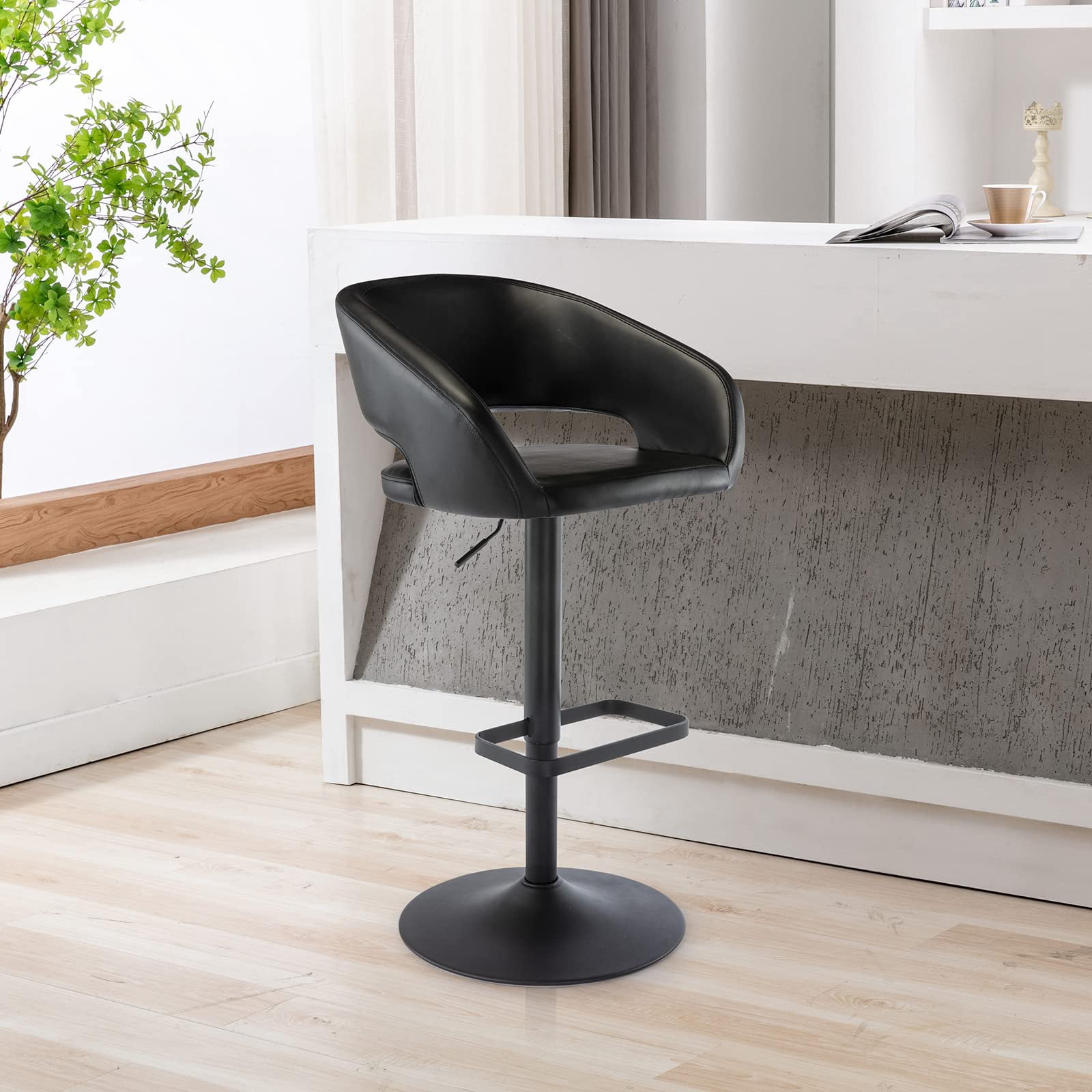 PU Leather Bar Stools, Adjustable Height 24."-32.25, Swivel Barstools with Back & Footrest, Upholstered Bar Chairs for Kitchen Island, Dining Room, Home Bar (Black, Black Base)