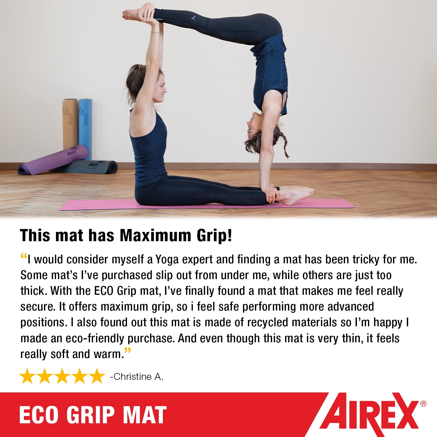 AIREX Exercise Eco Mat Fitness for Yoga, Physical Therapy, Rehabilitation, Balance & Stability Exercises - Available in Multiple Colors & Sizes - Eco Grip, Anthracite