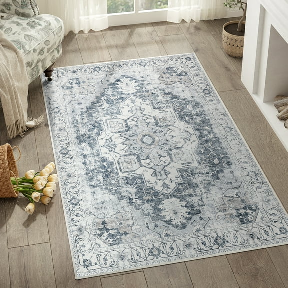 RUGKING Area Rug 3x5 Indoor Vintage Grey Print Carpet Distressed Chenille Thin Mat Foldable Non Slip Accent Rug for Bedroom Living Room