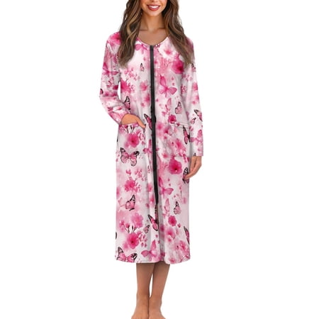 FKELYI Pink Butterfly Floral Print Women s Zipper Front Robe Nightgowns Sleepwear House Bathrobe Ladies Loungewear Breathable Soft Spring FallKimono House Wear M