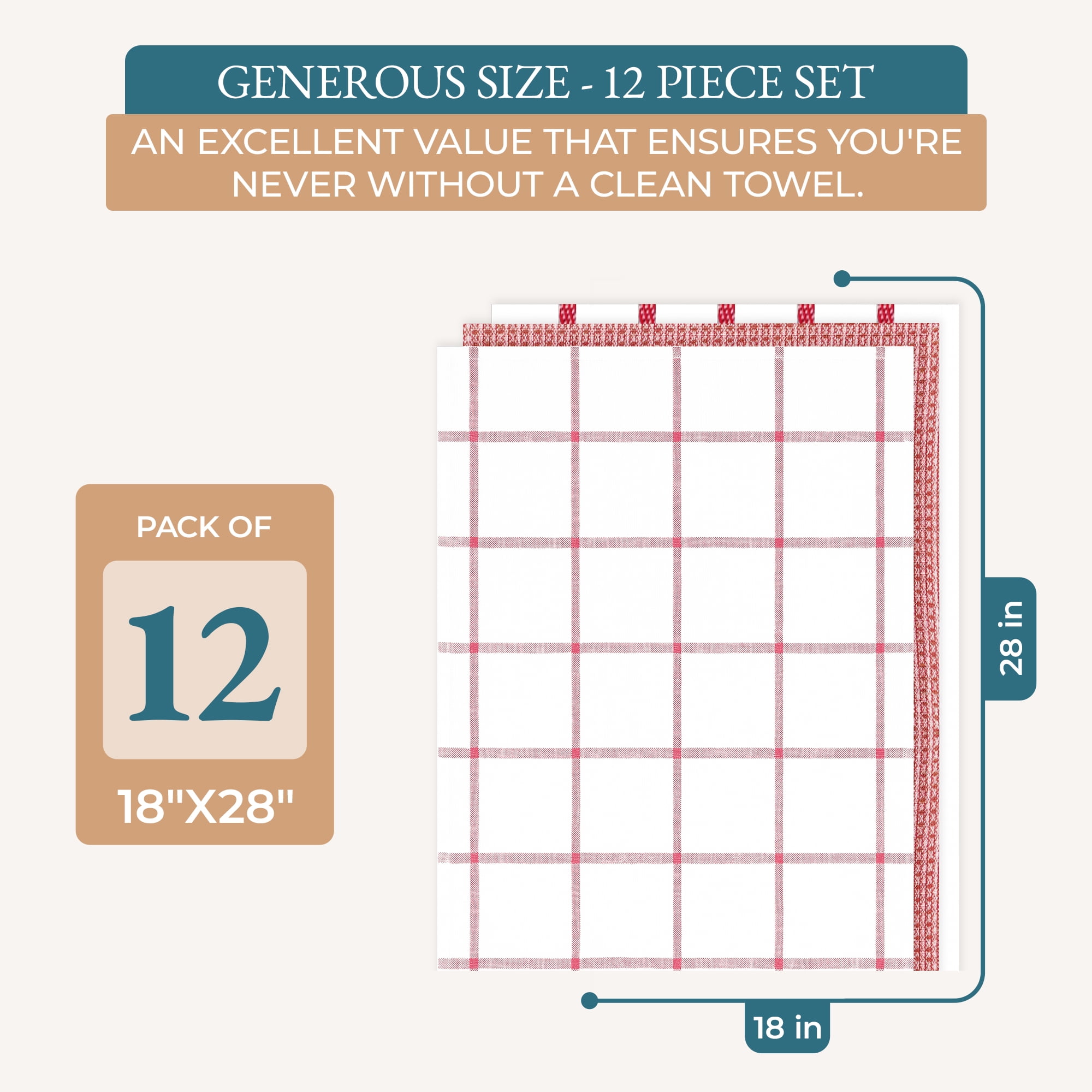 Kitchen Towels Set - Pack of 12 Cotton Dish Towels for Drying Dishes, 18”x 28”, Kitchen Hand Towels, Quick Drying Kitchen Towel Set - Christmas Red