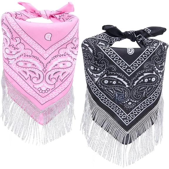 2PCS Black Pink Fringe Rhinestone Western Bandana Womens Boho Neck Scarf Bling Tassel Bachelorette Paisley Bandanas Neckerchief Bulk Set