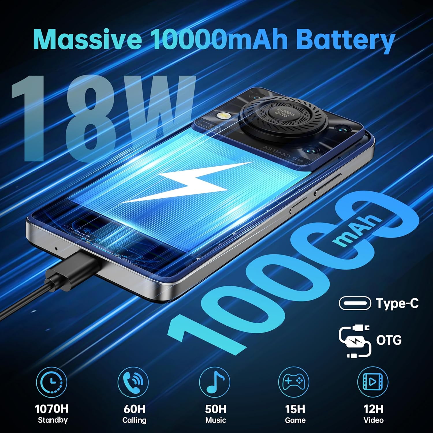 OUKITEL C60 Cell Phones Unlocked Android 15-10000 mAh Battery 16GB +128GB/1TB TF Android Phones, 6.88”HD+ Display 13MP Camera 110dB Speaker Smartphone, 120LM Flashlight/Fingerprint/OTG/4G Dual SIM