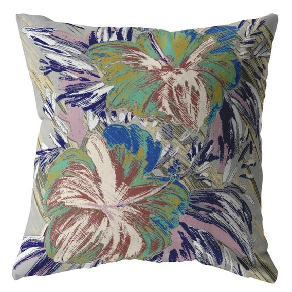 18â Lilac Green Hibiscus Zippered Suede Throw Pillow - White