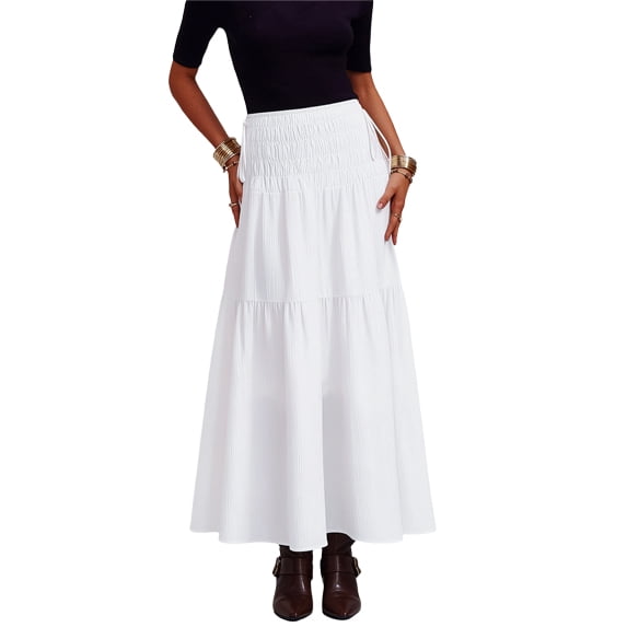 JIRNYORLL Womens Smocked Tiered Maxi Skirt with Pockets Drawstring Elastic High Waisted A Line Long Skirts, White S