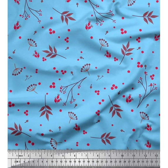 Soimoi Blue Cotton Cambric Fabric Leaves & Berries Fruits Decor Fabric Printed Yard 42 Inch Wide