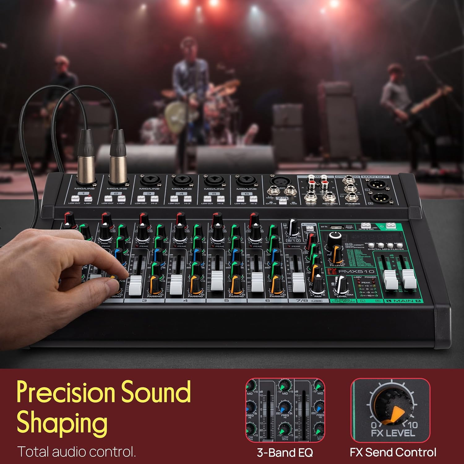 Pyle 10-Channel Audio Mixer – Bluetooth Studio Mixer with 6 XLR Combo Mic Inputs, DSP Digital Effects, USB MP3 Player, PC Recording, LED Level Meter, DJ Controller with Smooth Faders