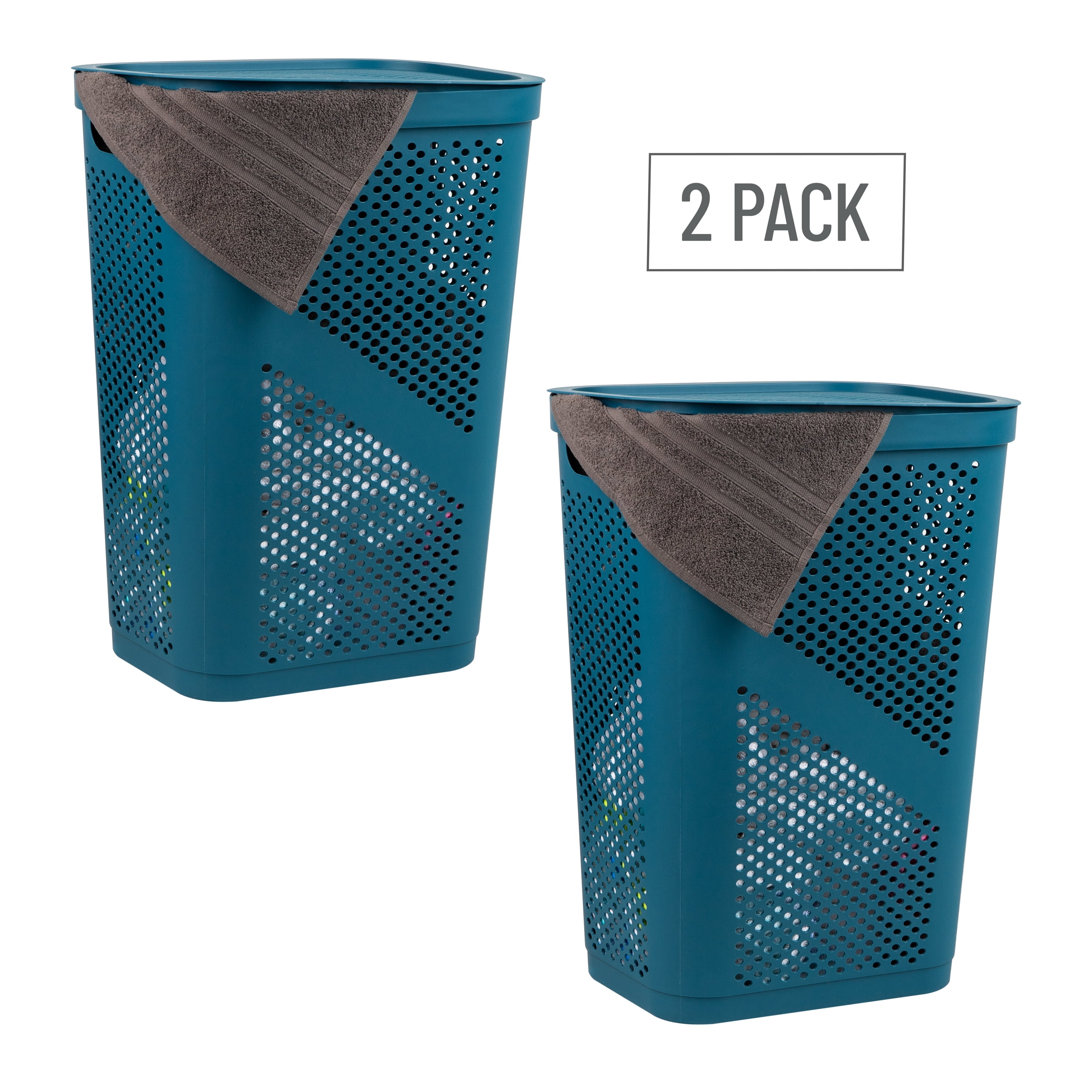 Mind Reader 60L Slim Laundry Hamper, Clothes Basket, Lid, Ventilated, Plastic, Set of 2, Blue