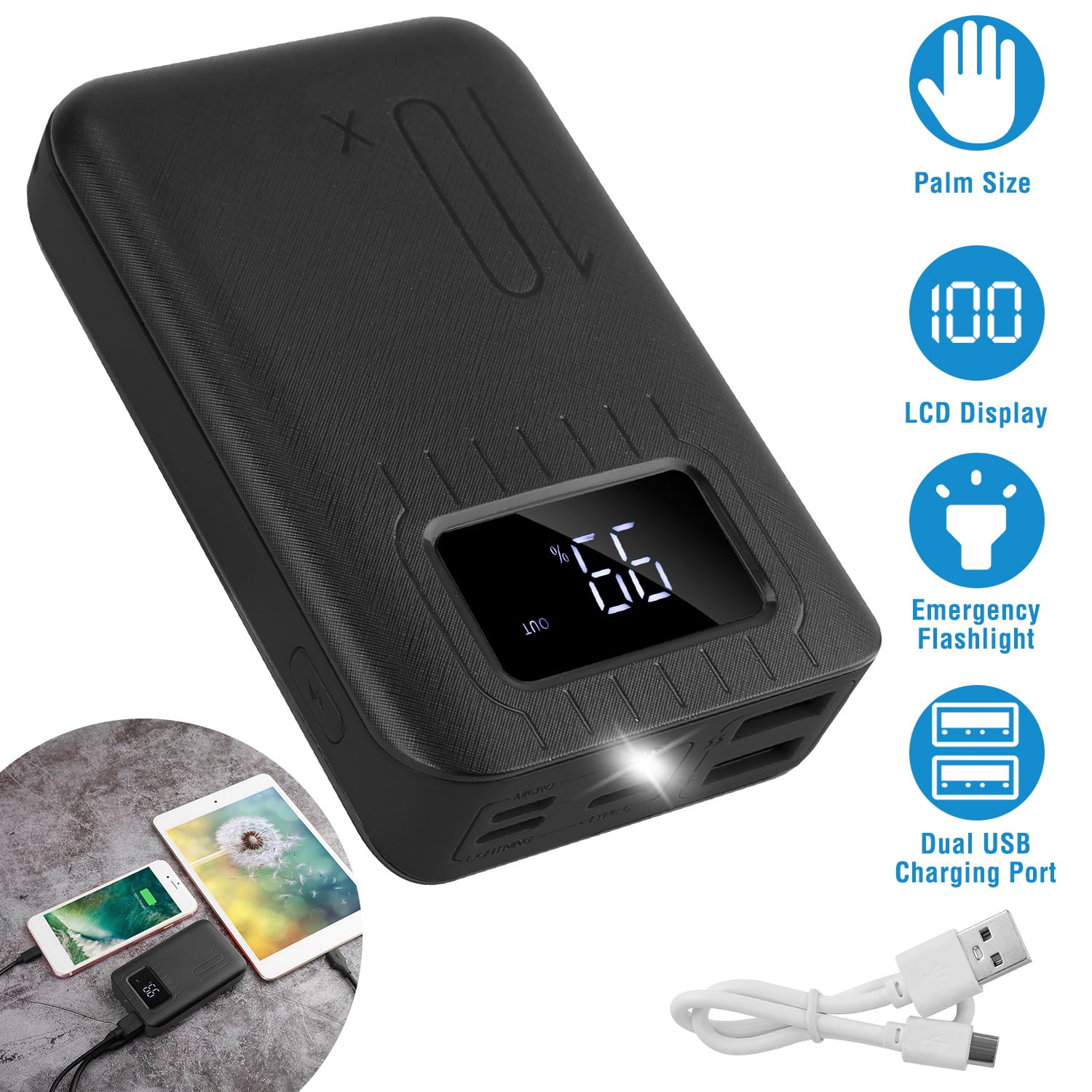10000mAh Portable Power Bank, iMounTEK LCD LED Dual USB Battery Charger For  Mobile Phone, Flashlight Type C Micro USB Lightning Input Ports(Black) -  