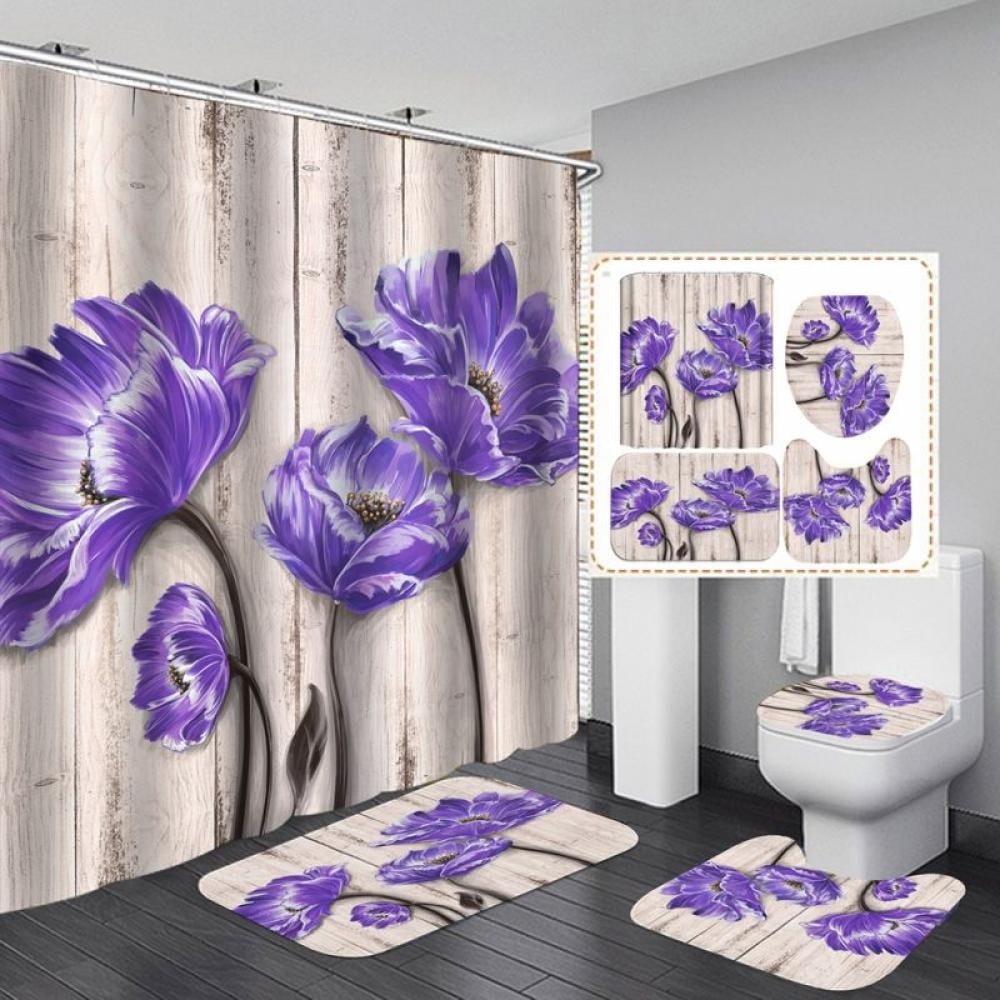 Lavender Fields Memory Foam Bath Mat Custom Bath Accessories Floral Print Lavender Bath Mat & Shower Curtain Set Purple Bath Decor 
