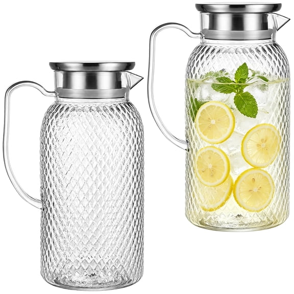 2 Pack 2L Plastic Pitcher with Lid, Large Drink Pitchers with Stainless Steel Strainer Lid, Diamond Pattern Water Jug for Fridge, Shatterproof Carafe for Iced Tea Juice Sangria Lemonade Home