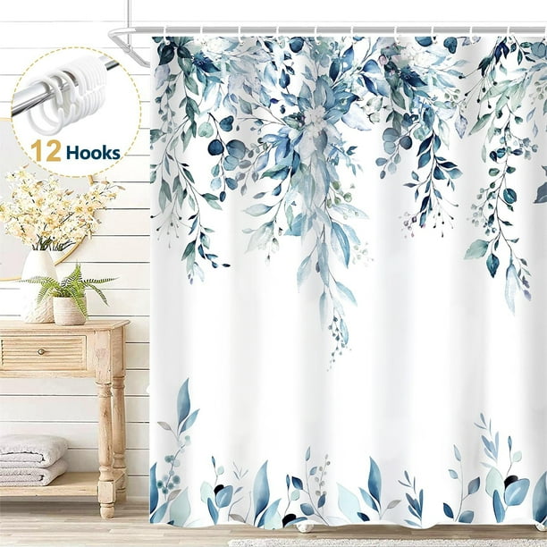 Cortina de Shower Dznils de Tela de Eucalipto Azul Estampado Floral 72x72 pulgadas
