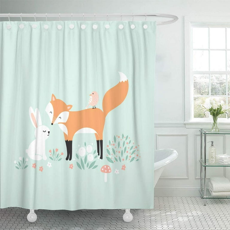 CYNLON Woodland Vector Illustration Forest Rabbit Fox Bird Little  Background Bathroom Decor Bath Shower Curtain 66x72 inch