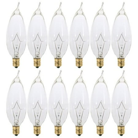 - (12 Pack) 25 Watt Clear Flame Shaped Incandescent Light Bulb, Candelabra Base