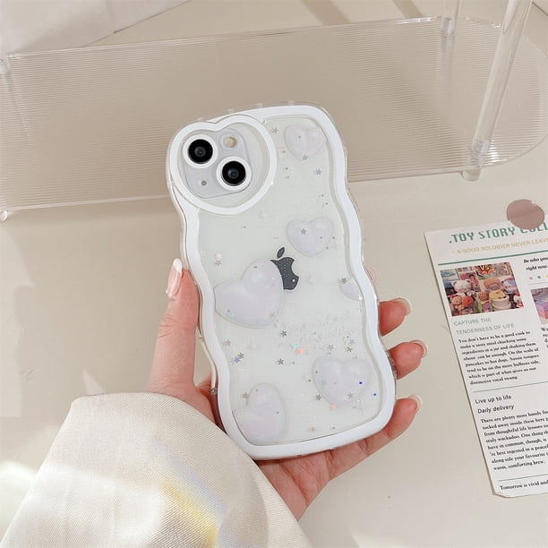 Funda ondulada con lentejuelas para iPhone, brazalete con cadena, corazón de amor, perla, azul, lindo, coreano, 3D, 14, 13, 12, 11 Pro Max, X, XS, XR, Kawaii