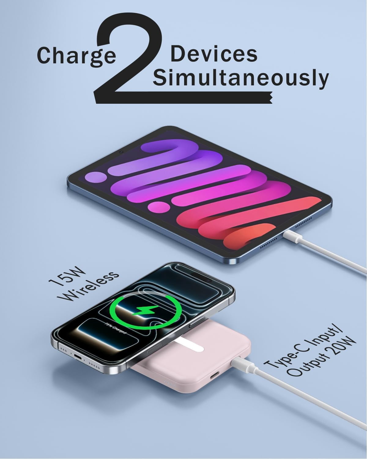 General for Magsafe Battery Pack, 5000mAh Magnetic PowerBank with Type-C Cable 20W PD Fast Charging Lighting Input Wireless Charger for iPhone 17/16/15/14/13/12/ All Series-Light Pink