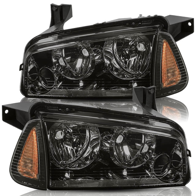 Pair Smoke Amber Headlamp For 2006-2010 Dodge Charger Halogen Headlight Assembly