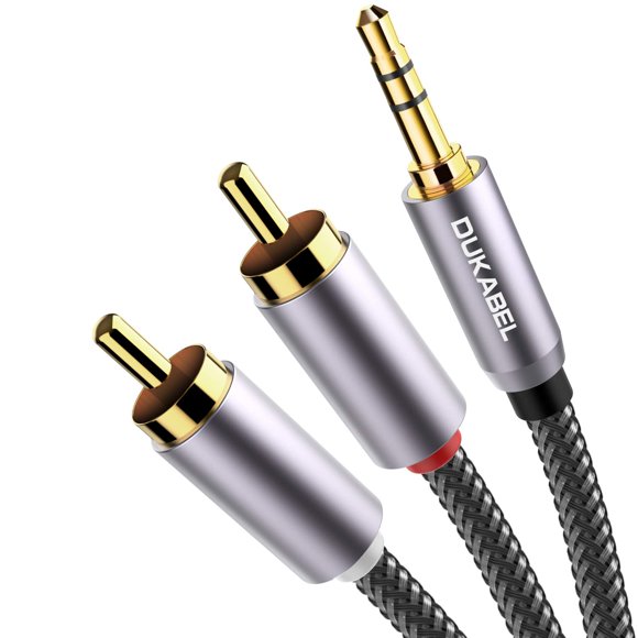 DUKABEL Cables RCA largos de la serie superior (8 pies/2,4 metros) RCA a 3,5 mm 2 machos RCA a AUX Cable de audio trenzado de nailon cristal/chapado en oro de 24 quilates/conductor 99,99% 4N OFC