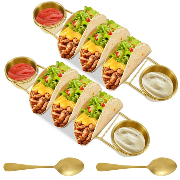Ikoopy 8Pcs Taco Stand with Spoon Salad Cup Stainless Steel Taco Holder Set Rustproof Taco Rack Set Burritos Tortilla Cooling Stand Rack for Kitchen Restaurant