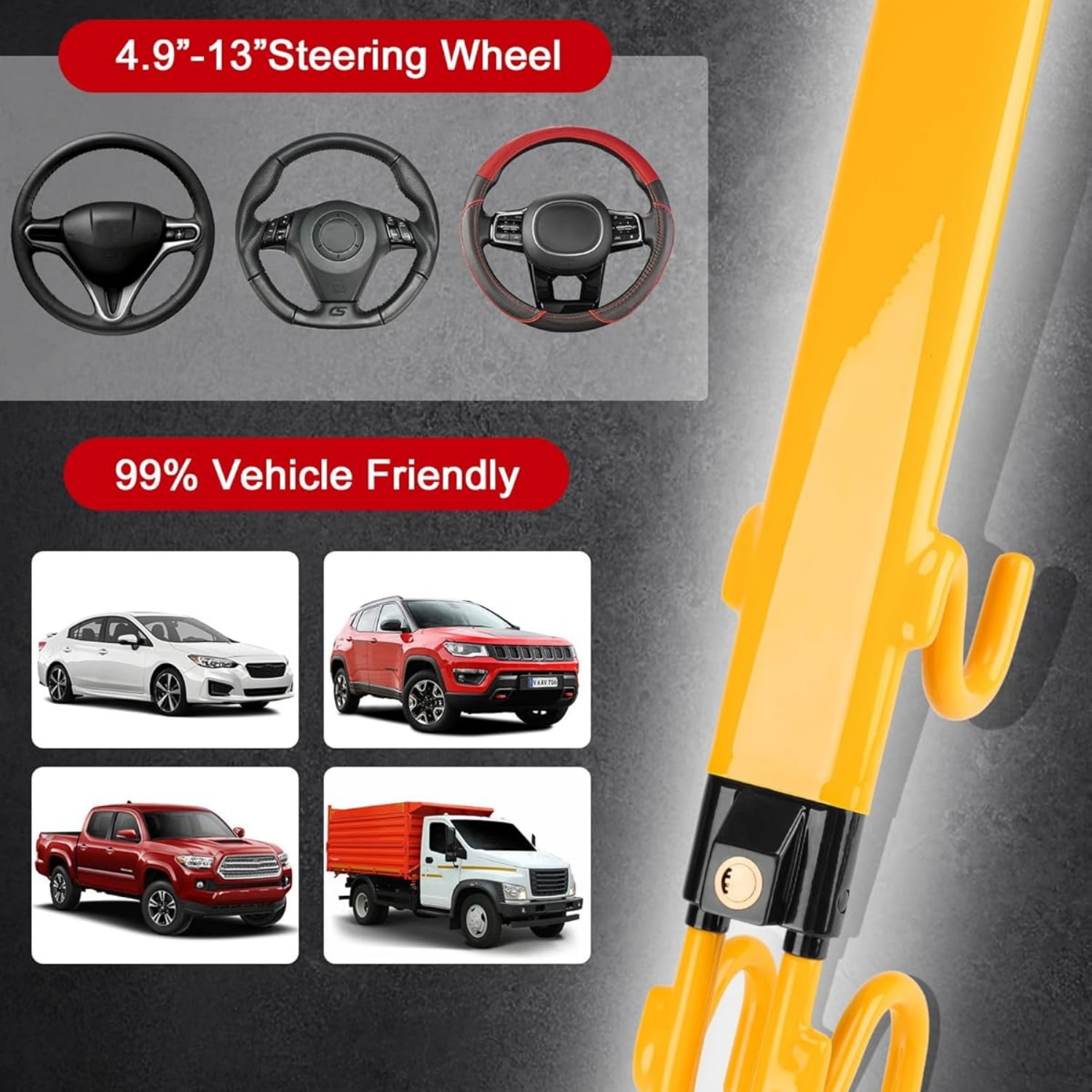 Steering Wheel Lock - Heavy Duty Antitheft Device and Car Security Lock with Adjustable Locking and 3 Keys - Great Vehicle and Truck Deterrent