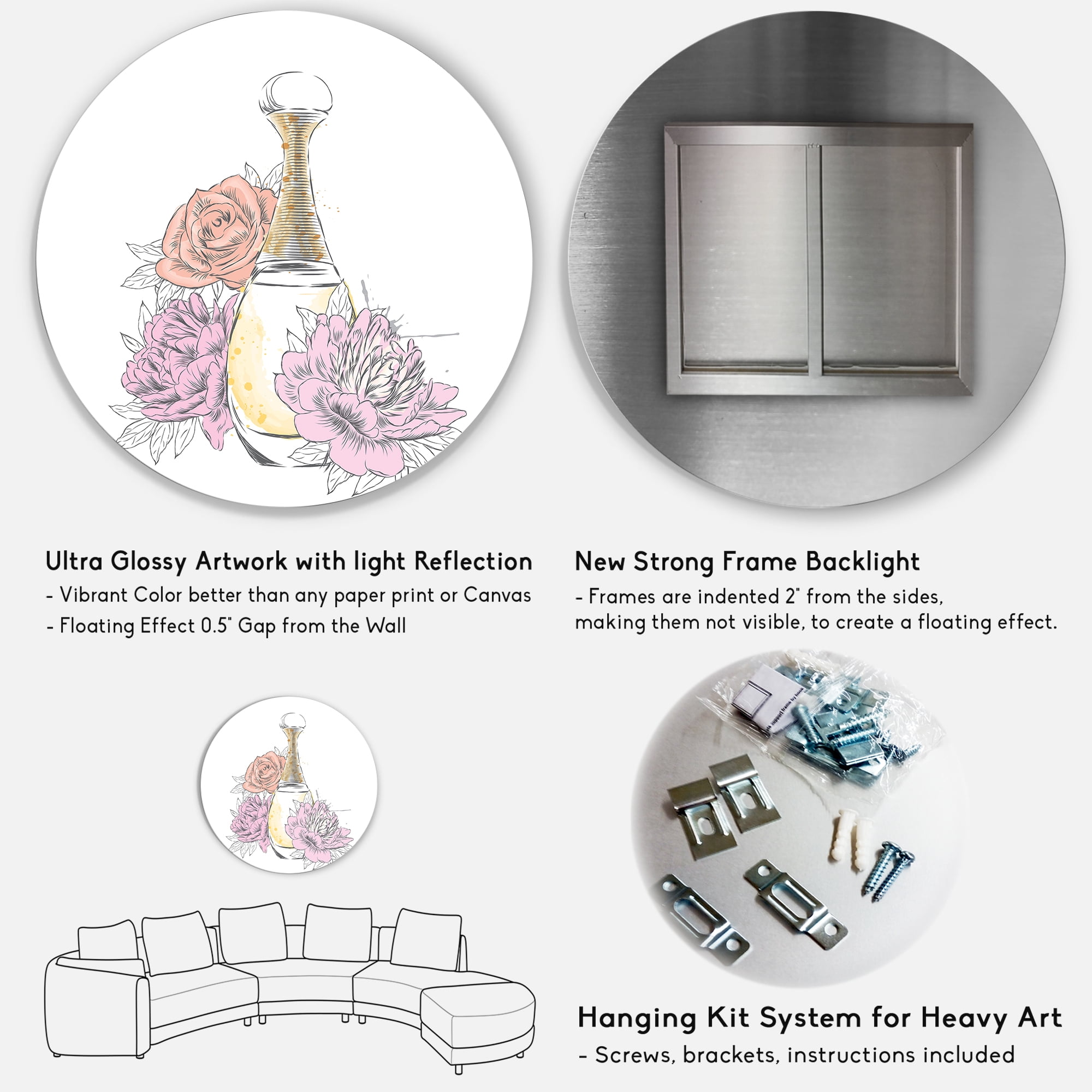 Designart 'Bouquet of Flowers and Perfume Bottle I' Traditional Circle Metal Wall Art 29x29 - Disc of 29