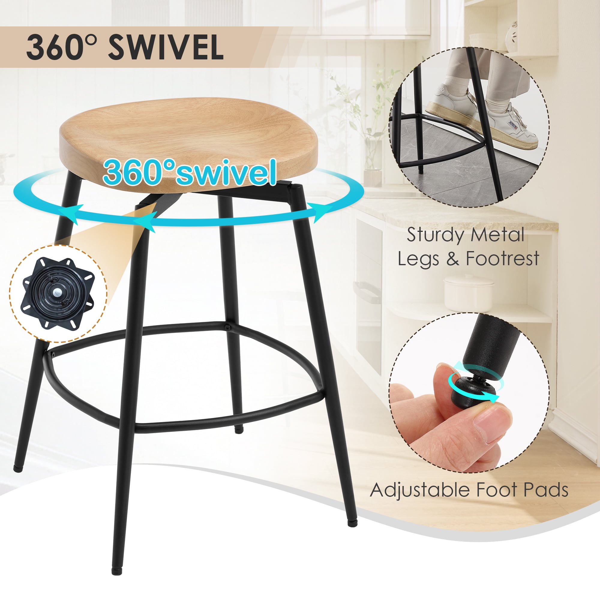 Zesthouse 25″ Swivel Counter Stools Set of 2, Mid-Century Backless Counter Height Barstools with Metal Legs, Solid Rubber Wood Bar Chairs for Kitchen Island, Natural