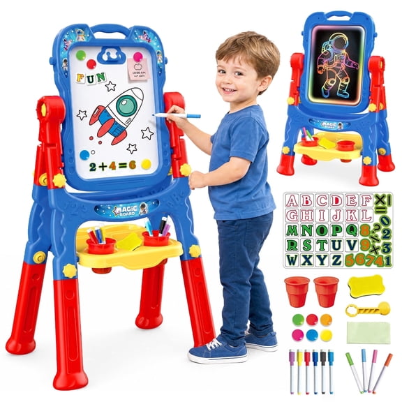 UUSUOO Easel for Kids, Double-Sided Adjustable Standing Art Easel, Art Easel for Kids 2-4,Christmas Birthday Gift for Boys Girls Ages 3-6,Blue