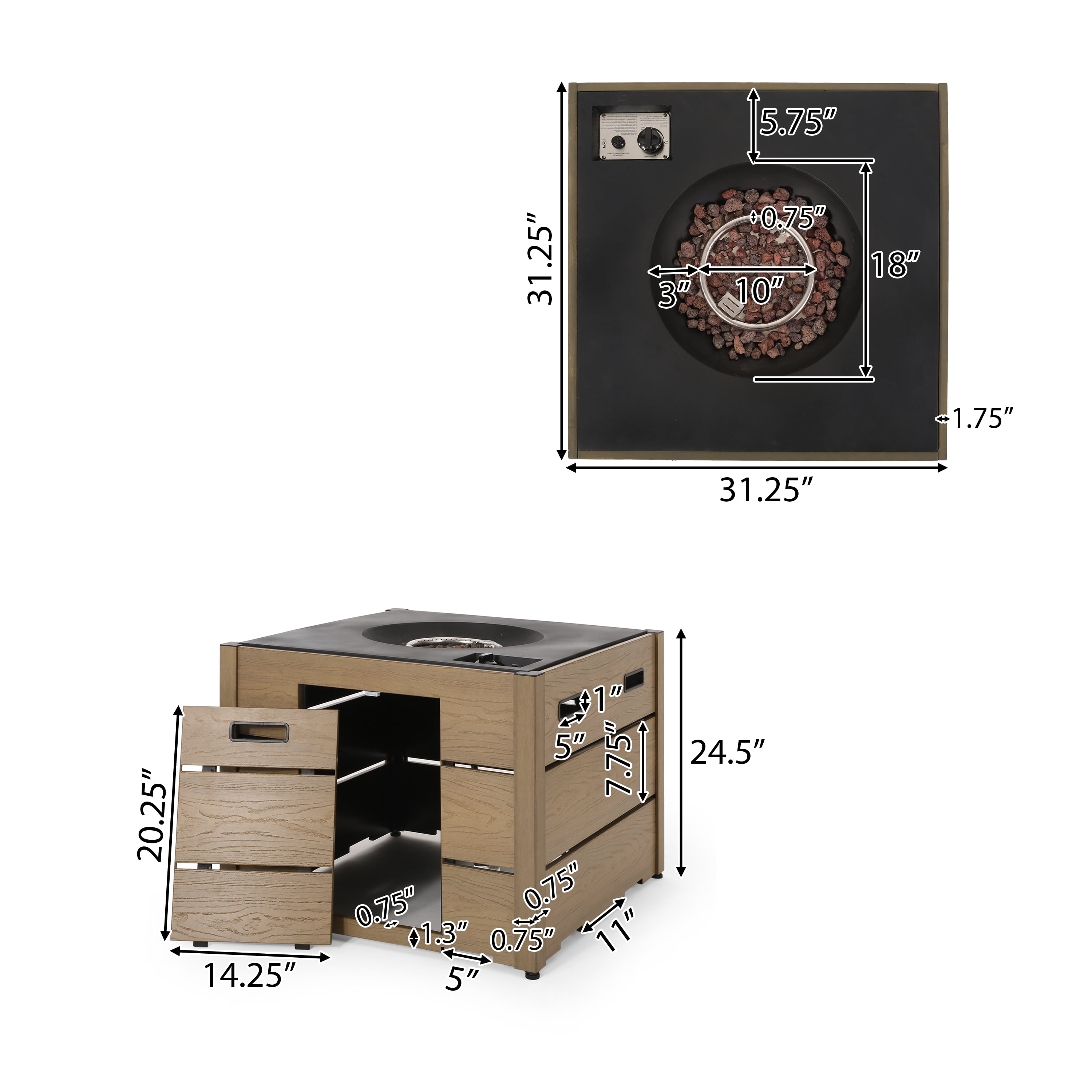 Camak Wood Resin Outdoor 31" Rectangular Fire Pit - 40,000 BTU, Brown
