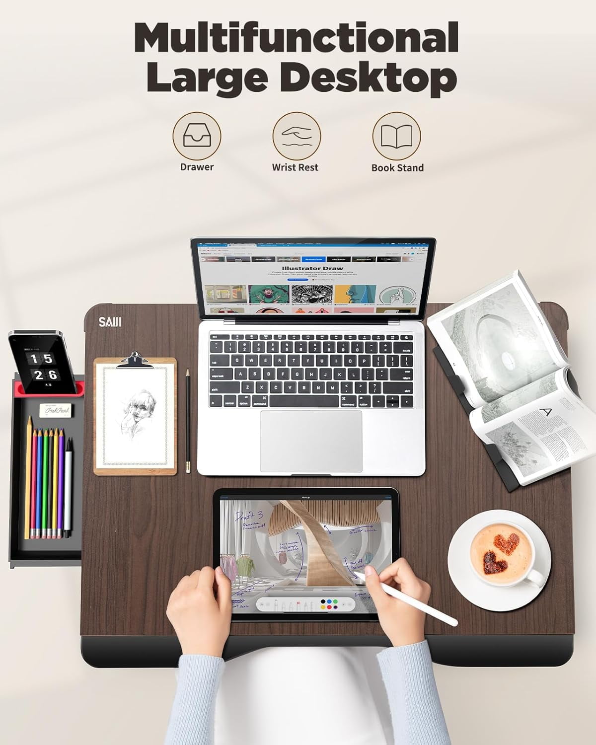 XX-Large Foldable Bed Tray Table for Eating Breakfast, Writing, Working, Gaming, Drawing with Storage Drawer, Handrest Bookstand, Tablet Stand, Phone Stand(Black Cherry)