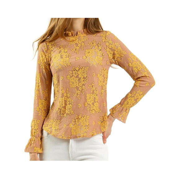 Allegra K Women's Crochet Lace See Through Floral Ruffle Neck Blouse